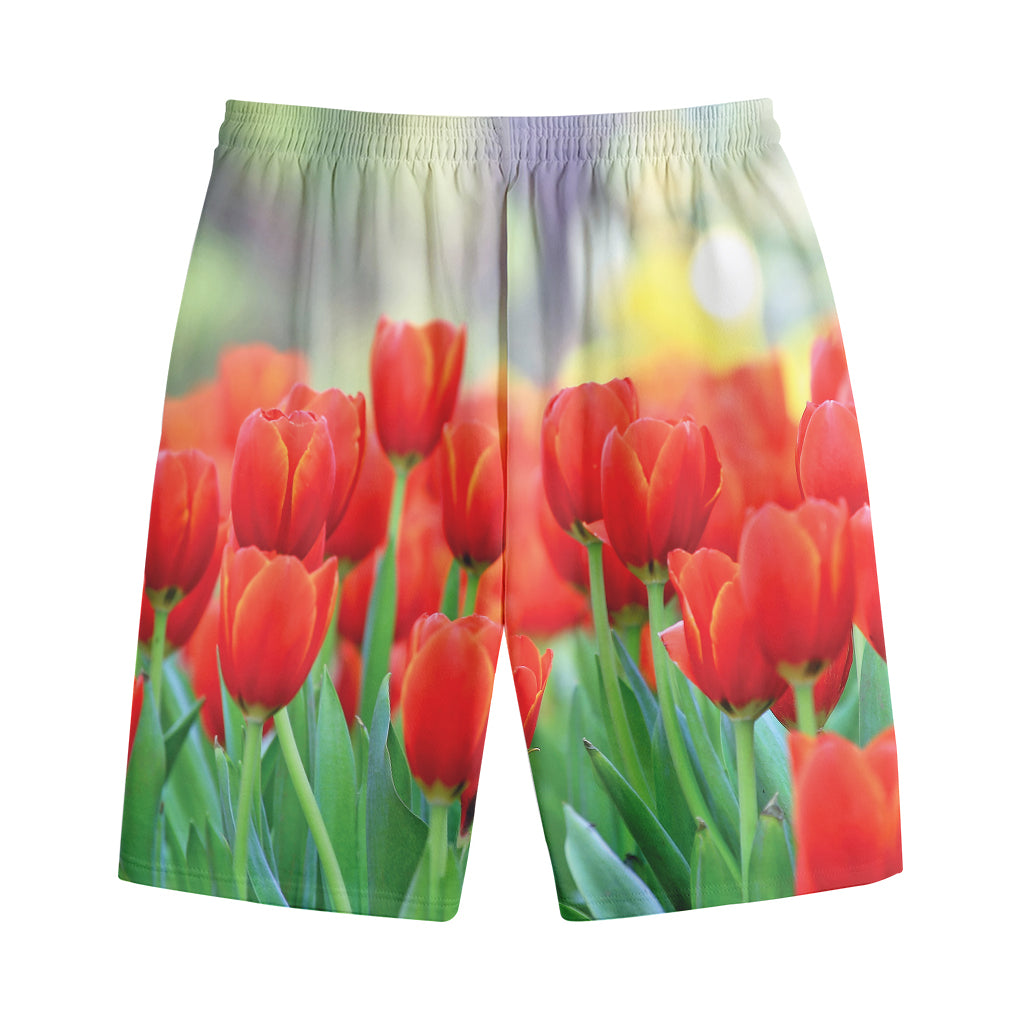 Red Tulip Print Cotton Shorts