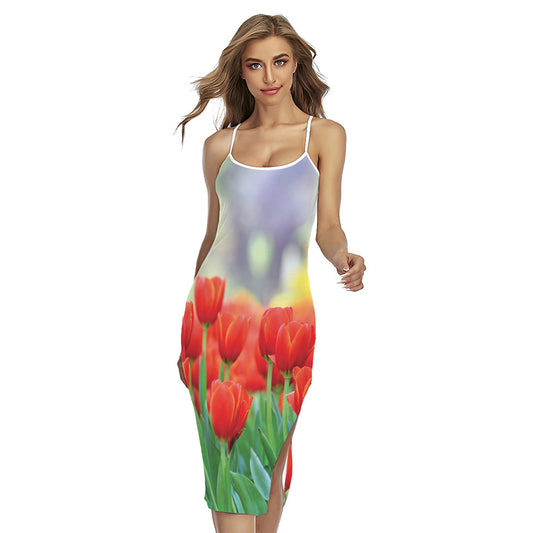 Red Tulip Print Cross Back Cami Dress
