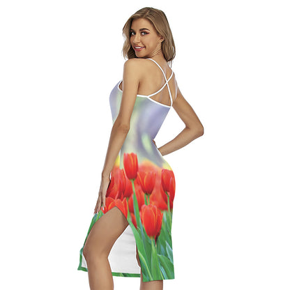 Red Tulip Print Cross Back Cami Dress