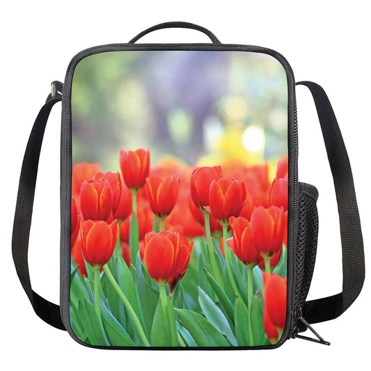 Red Tulip Print Crossbody Lunch Bag