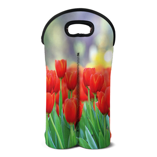 Red Tulip Print Double Neoprene Wine Tote