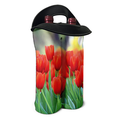 Red Tulip Print Double Neoprene Wine Tote