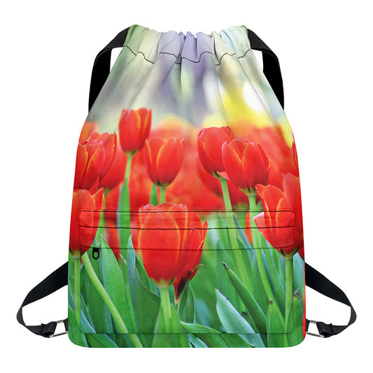 Red Tulip Print Drawstring Backpack