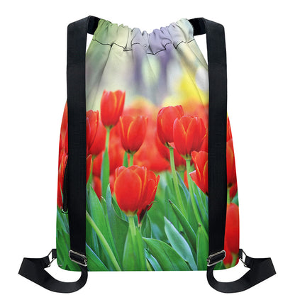 Red Tulip Print Drawstring Backpack