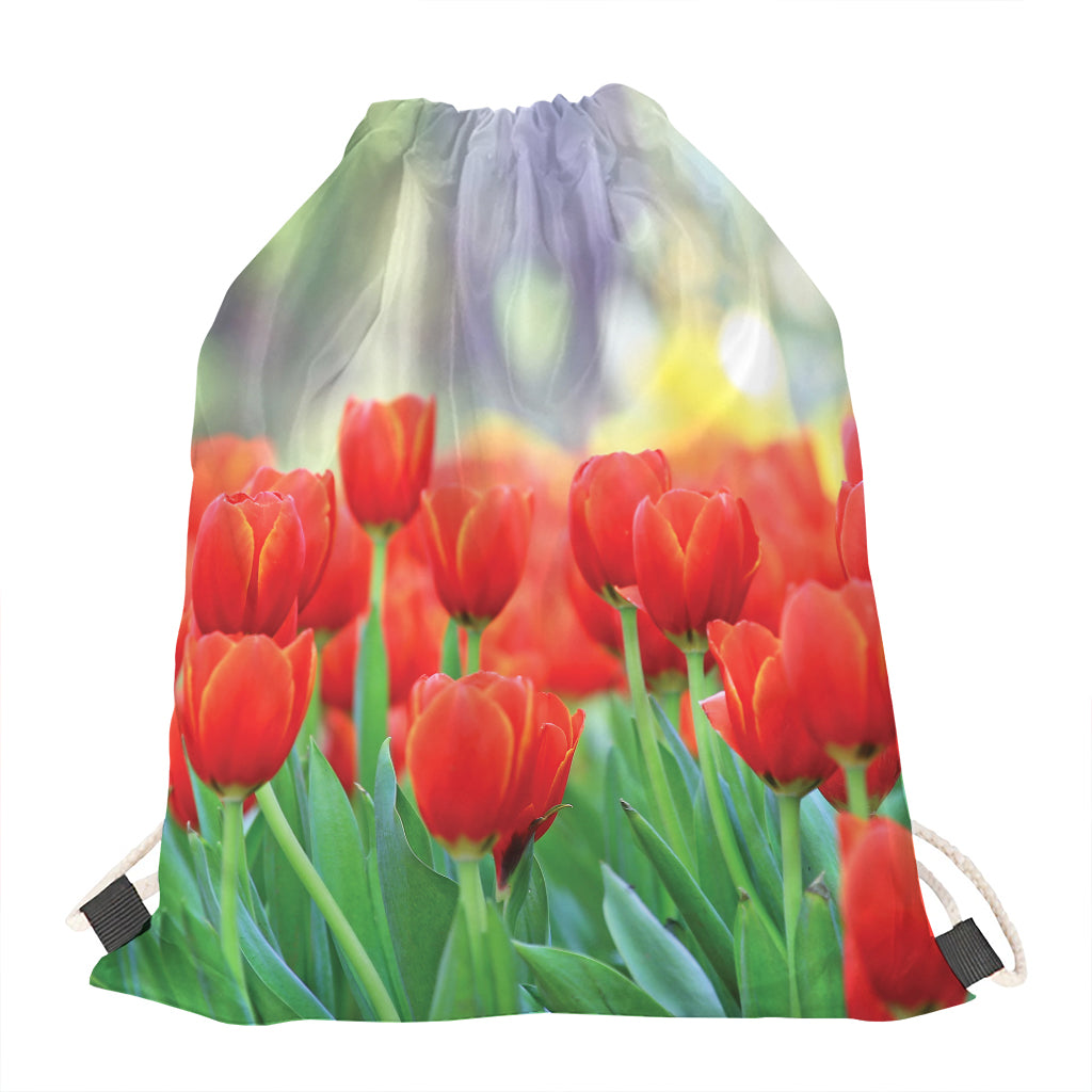 Red Tulip Print Drawstring Bag