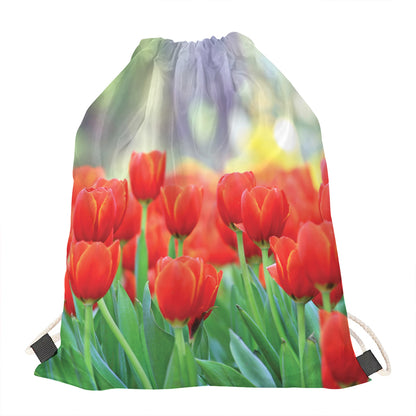 Red Tulip Print Drawstring Bag
