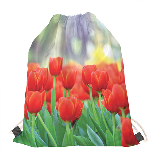 Red Tulip Print Drawstring Bag