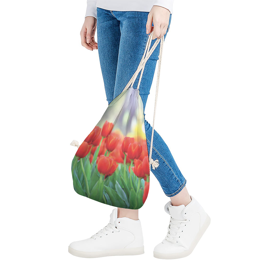 Red Tulip Print Drawstring Bag
