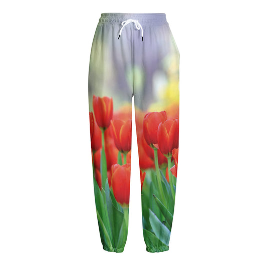 Red Tulip Print Fleece Lined Knit Pants
