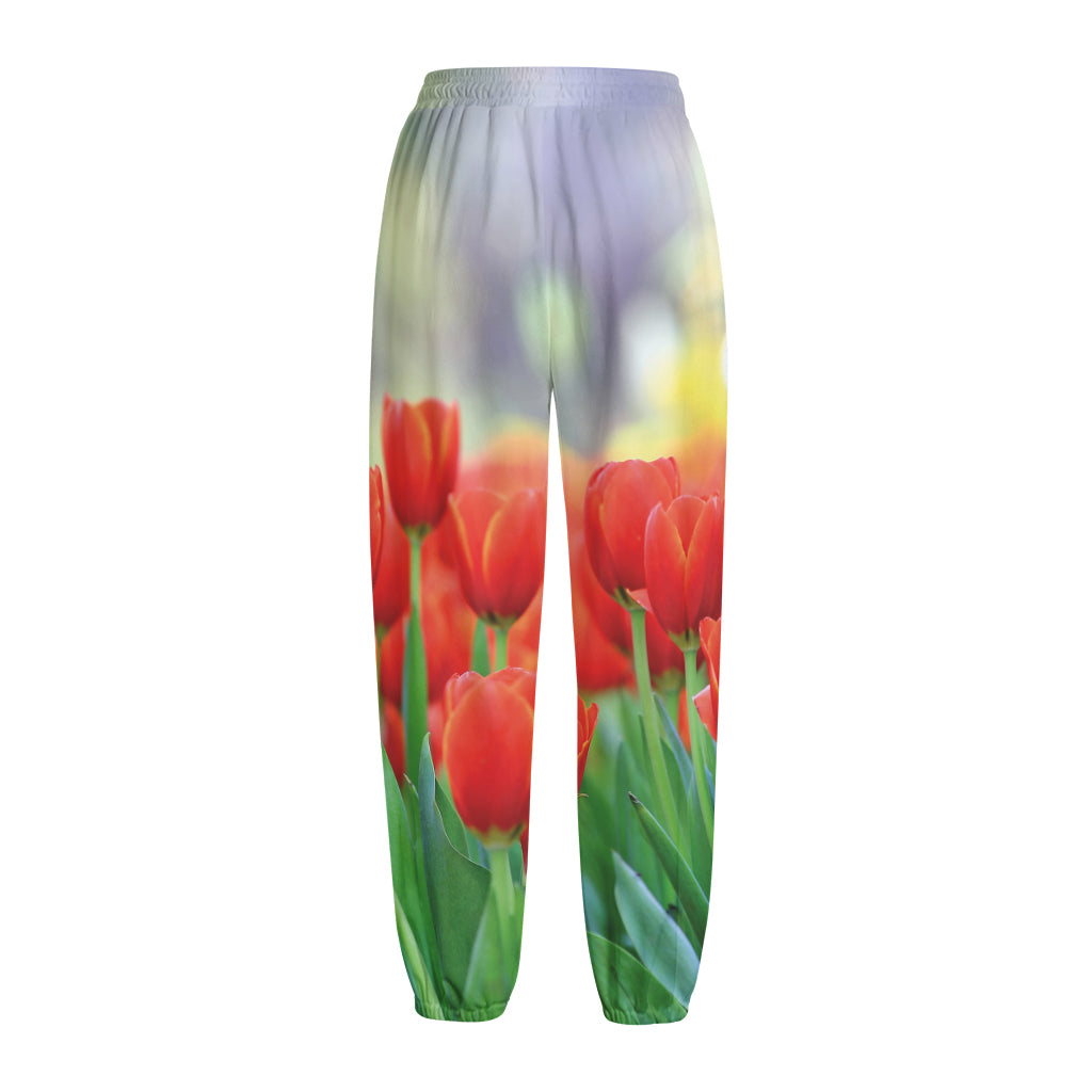 Red Tulip Print Fleece Lined Knit Pants