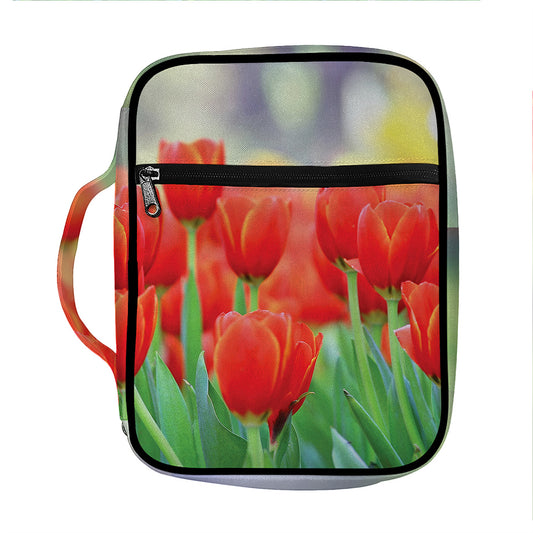 Red Tulip Print Front Pocket Bible Bag