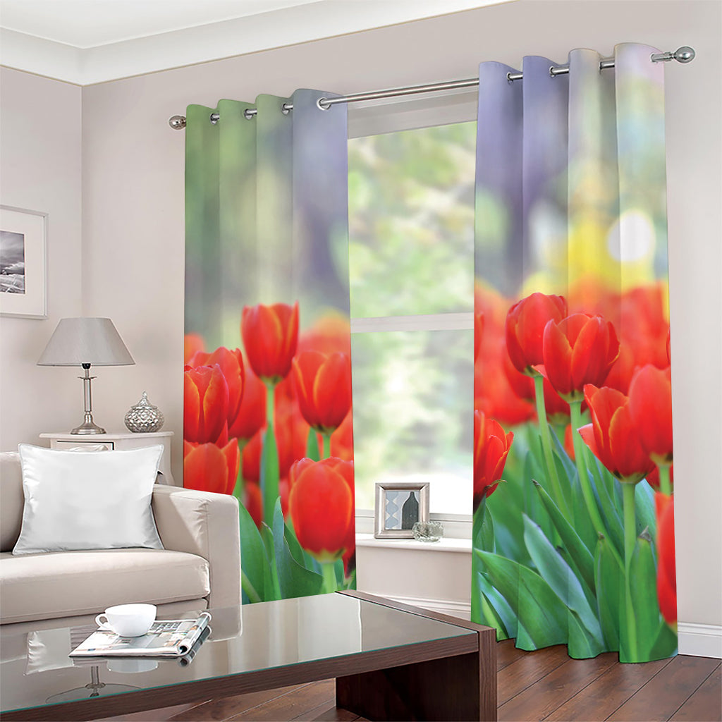 Red Tulip Print Grommet Curtains