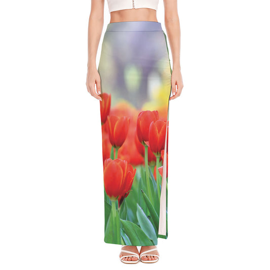 Red Tulip Print High Slit Maxi Skirt
