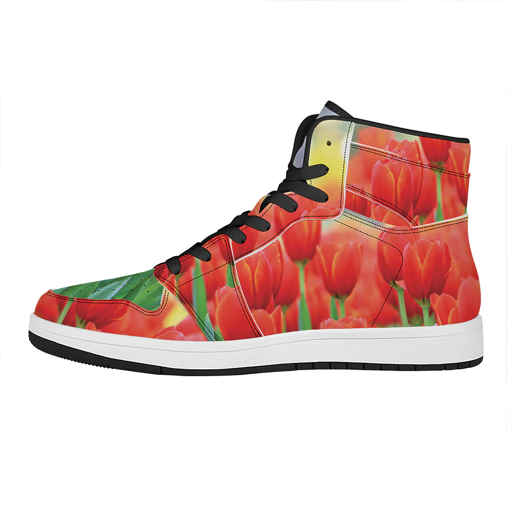 Red Tulip Print High Top Leather Sneakers