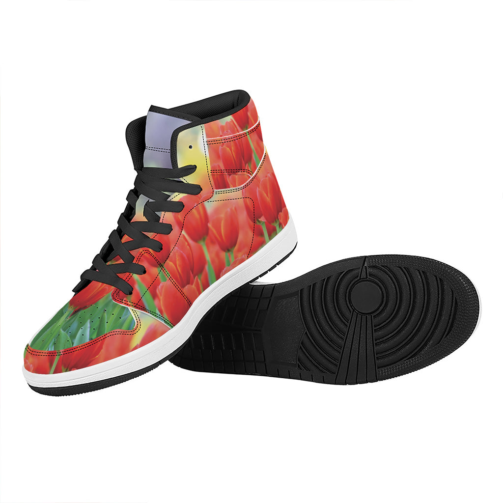 Red Tulip Print High Top Leather Sneakers