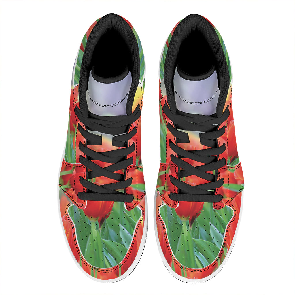 Red Tulip Print High Top Leather Sneakers