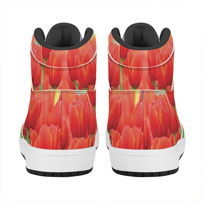 Red Tulip Print High Top Leather Sneakers