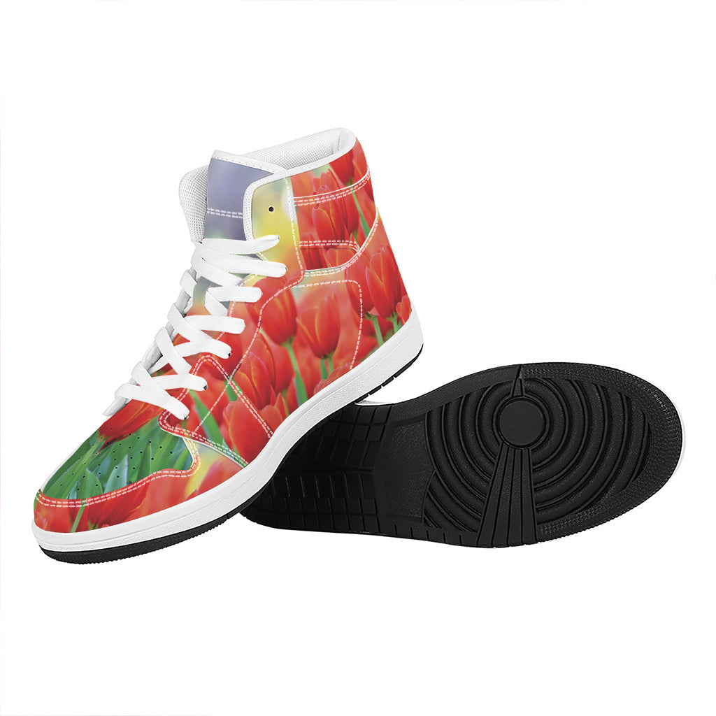 Red Tulip Print High Top Leather Sneakers