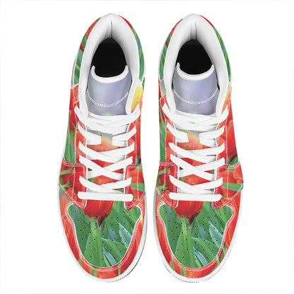 Red Tulip Print High Top Leather Sneakers