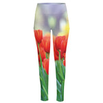 Red Tulip Print High-Waisted Pocket Leggings