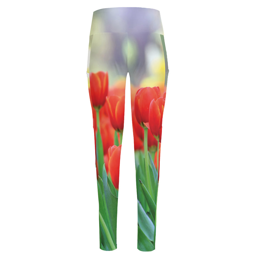 Red Tulip Print High-Waisted Pocket Leggings