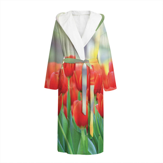 Red Tulip Print Hooded Bathrobe