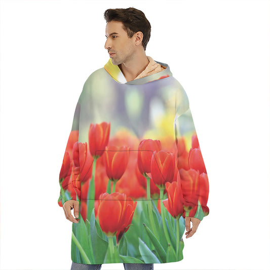 Red Tulip Print Hoodie Blanket