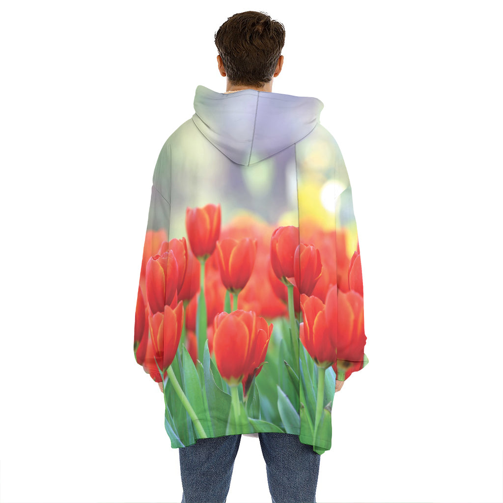 Red Tulip Print Hoodie Blanket