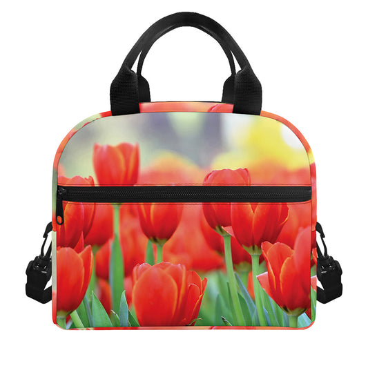 Red Tulip Print Insulated Lunch Bag