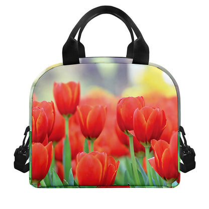 Red Tulip Print Insulated Lunch Bag