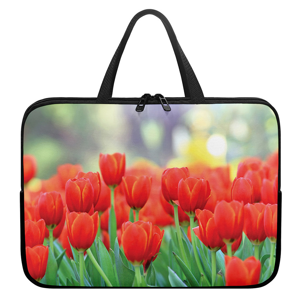 Red Tulip Print Laptop Sleeve With Handle