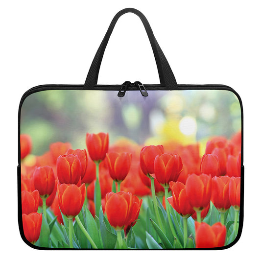 Red Tulip Print Laptop Sleeve With Handle