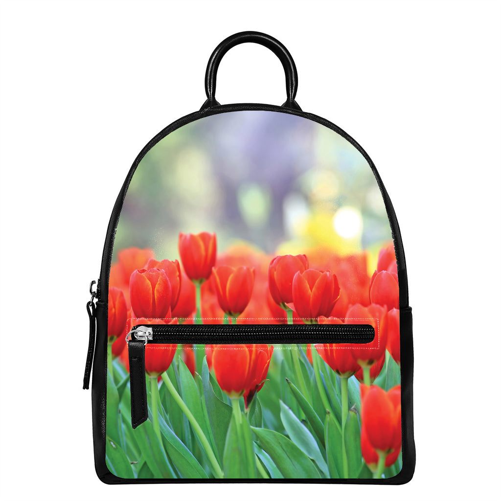 Red Tulip Print Leather Backpack