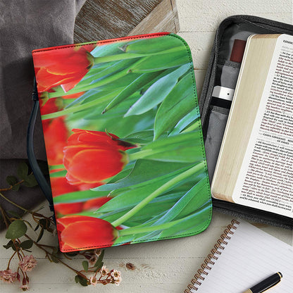 Red Tulip Print Leather Bible Cover