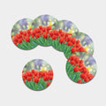 Red Tulip Print Leather Coaster Set
