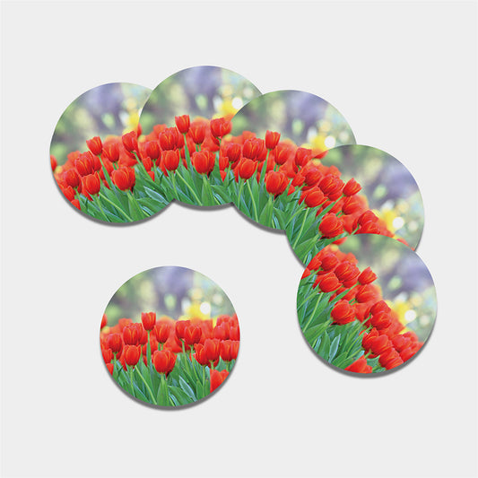 Red Tulip Print Leather Coaster Set