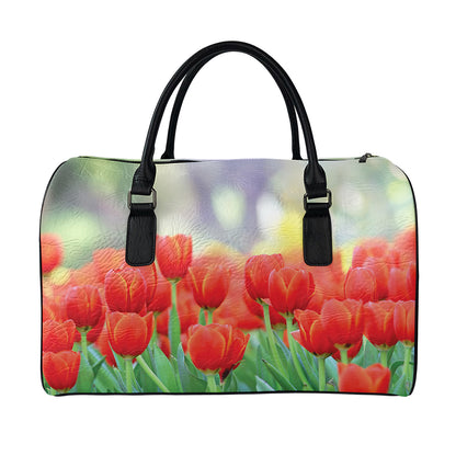 Red Tulip Print Leather Duffle Bag