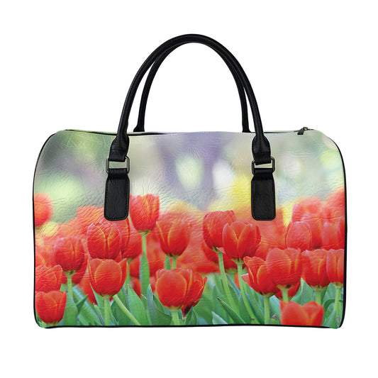 Red Tulip Print Leather Duffle Bag