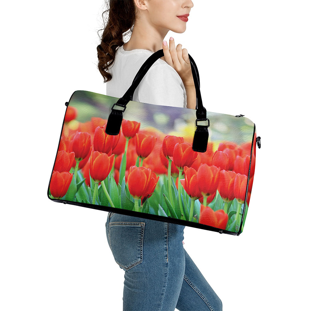 Red Tulip Print Leather Duffle Bag