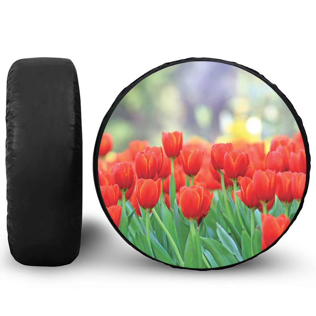 Red Tulip Print Leather Spare Tire Cover
