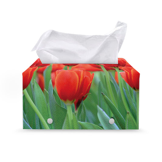 Red Tulip Print Leather Tissue Box Cover