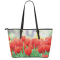 Red Tulip Print Leather Tote Bag With Zipper