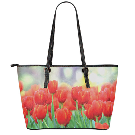 Red Tulip Print Leather Tote Bag