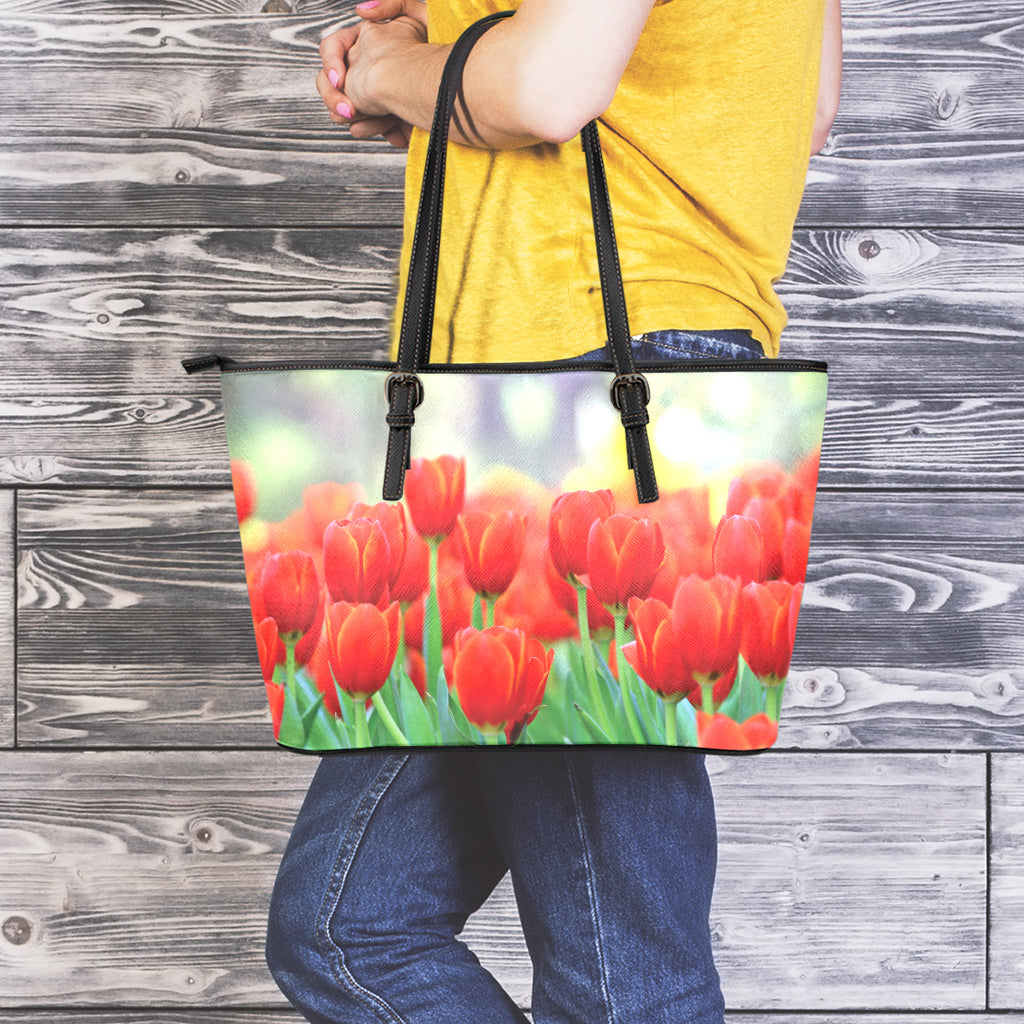 Red Tulip Print Leather Tote Bag