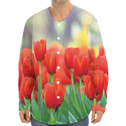Red Tulip Print Long Sleeve Baseball Jersey