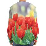 Red Tulip Print Long Sleeve Baseball Jersey
