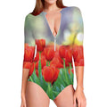 Red Tulip Print Long Sleeve Swimsuit