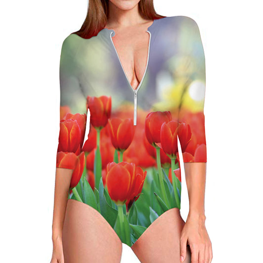 Red Tulip Print Long Sleeve Swimsuit