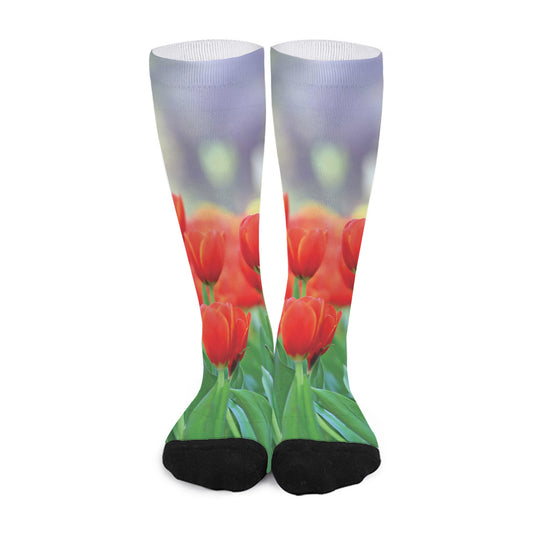 Red Tulip Print Long Socks