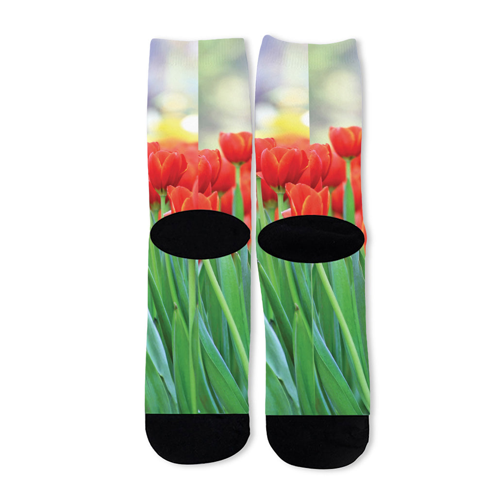 Red Tulip Print Long Socks